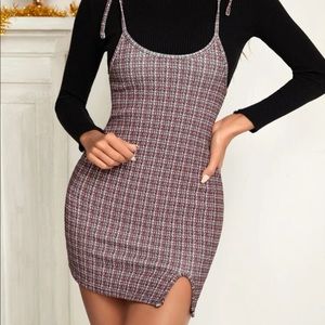 SHEIN Bodycon Tweed Pattern Tie Strap Cami Mini Dress with Slit